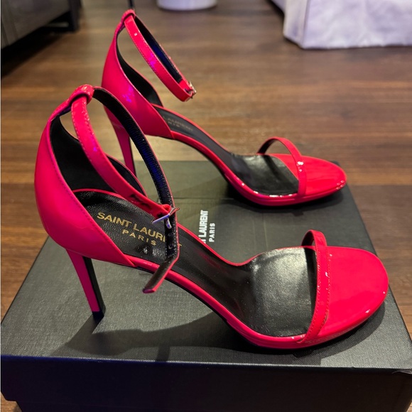 Saint Laurent NWT Vitello Vernice in Hot Pink Strappy ankle strap Heel Sandals. - Picture 5 of 14